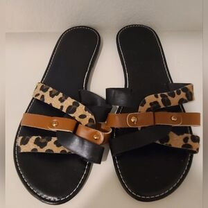 Leopard Print and Black Slide Sandals